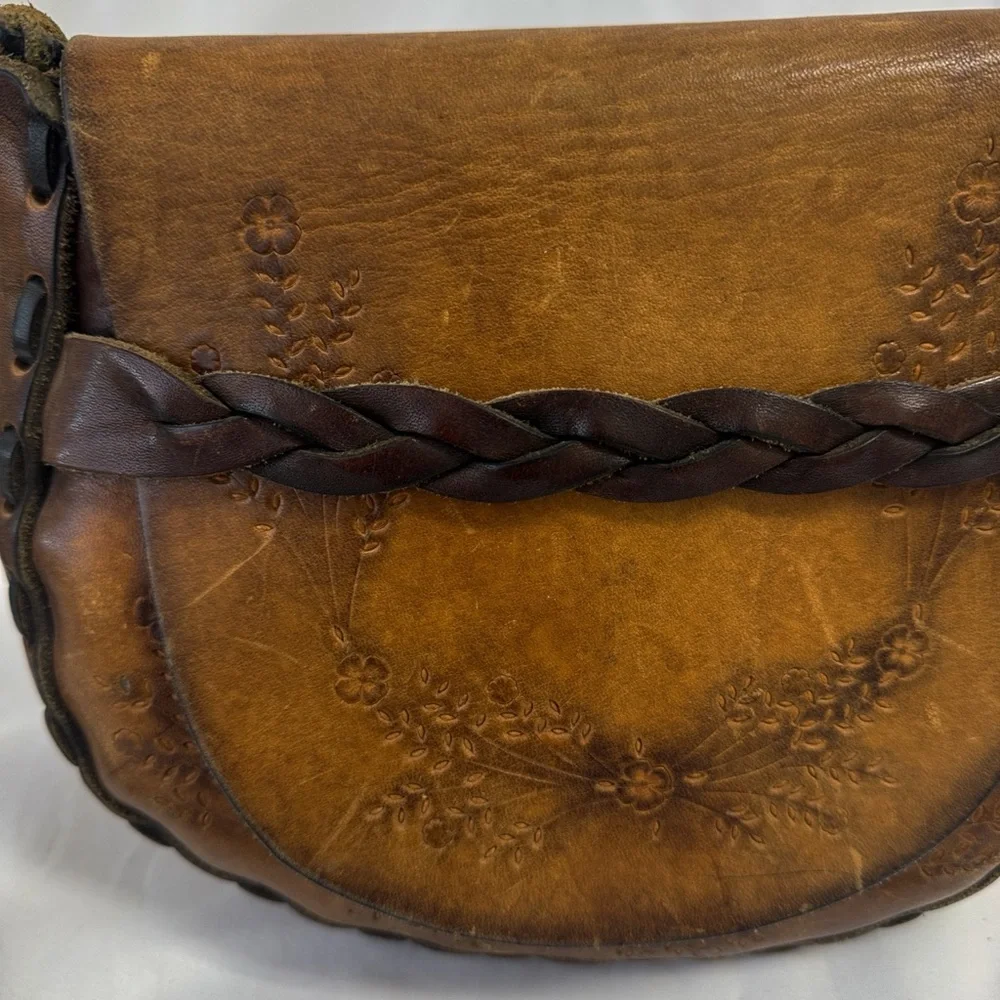 LEATHER Floral Embossed Shoulder Bag, Front Flap, Braided Strap